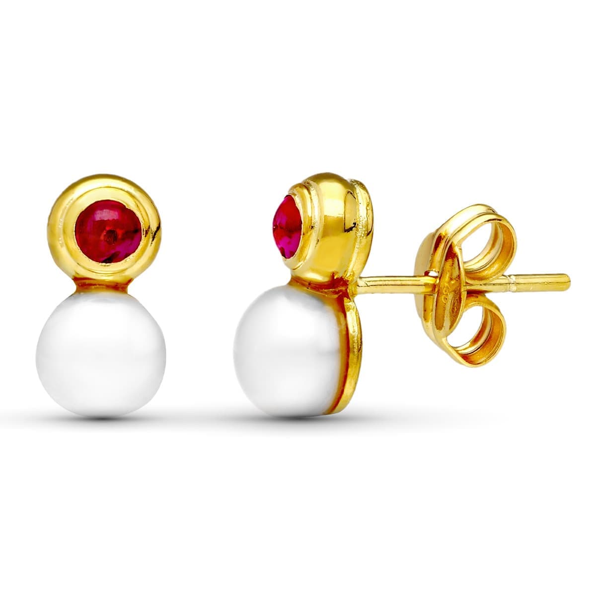 18K PENDIENTES ORO AMARILLO PERLA Y PIEDRA ROJA 10X5 MM CIERRE PRESION