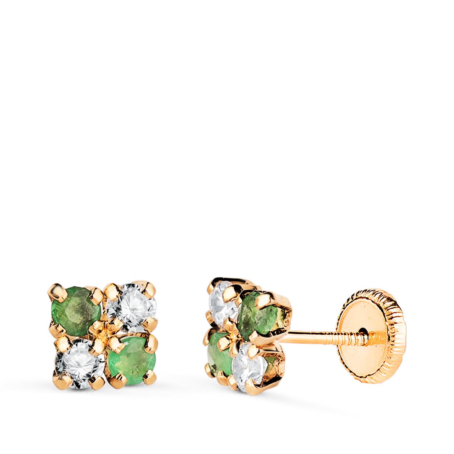 18K PENDIENTES ORO AMARILLO CUADRADOS CON CIRCONITA Y ESMERALDA. MEDIDA: 5 X 5 MM. CIERRE TUERCA