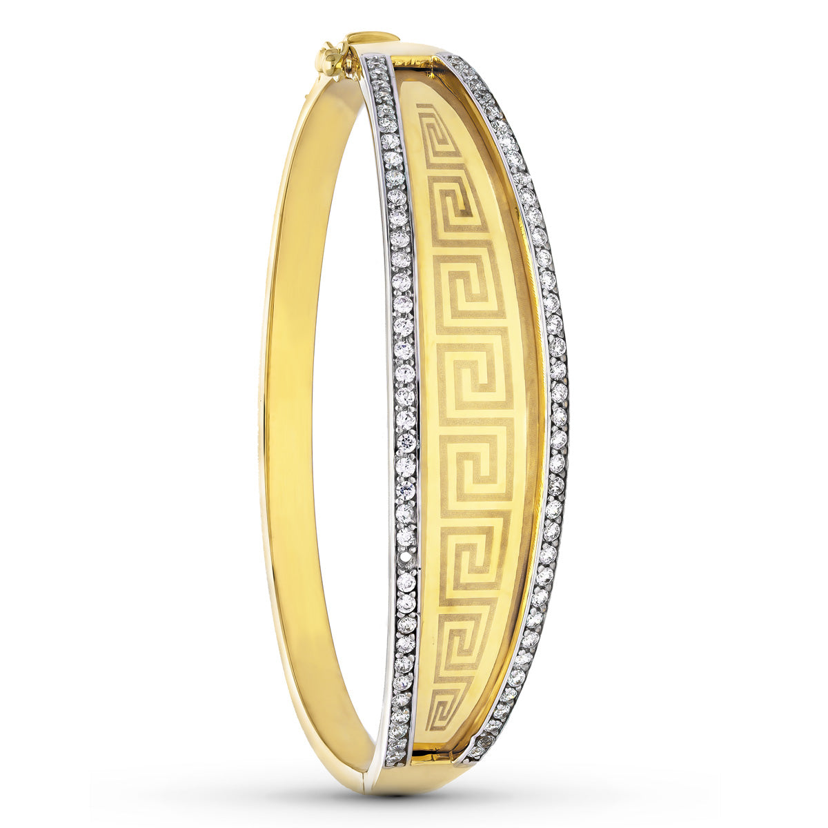 18K PULSERA RIGIDA ORO BICOLOR CIRCONITA GRECA DIAMETRO 60 MM ANCHO DISMINUCION 15 MM