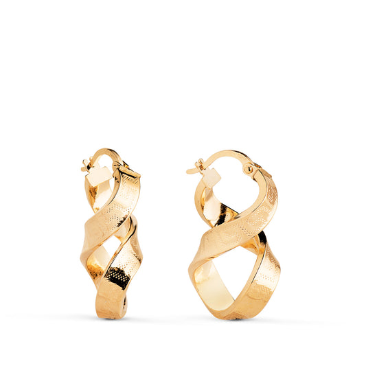 18K AROS ORO AMARILLO OCHOS GRECA HUECOS. MEDIDA 26X16 MM. CIERRE GANCHO