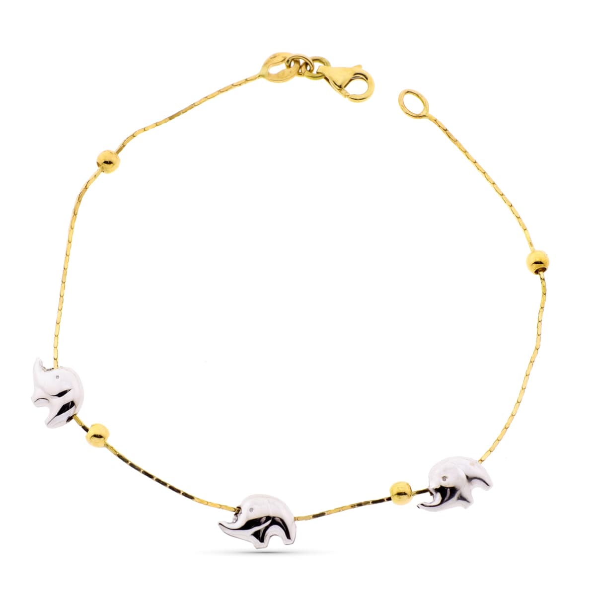 18K PULSERA ORO BICOLOR ELEFANTESY BOLAS LISAS 19CM