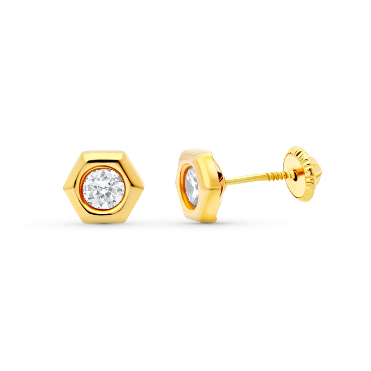 18K PENDIENTES ORO AMARILLO CHATON HEXAGONO. 7X6 MM. CIERRE TUERCA