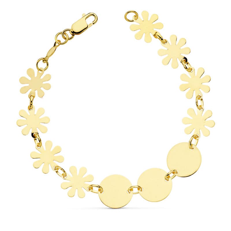 18K PULSERA ORO AMARILLO FLORES Y PLACA CHAPA 18.5 CM