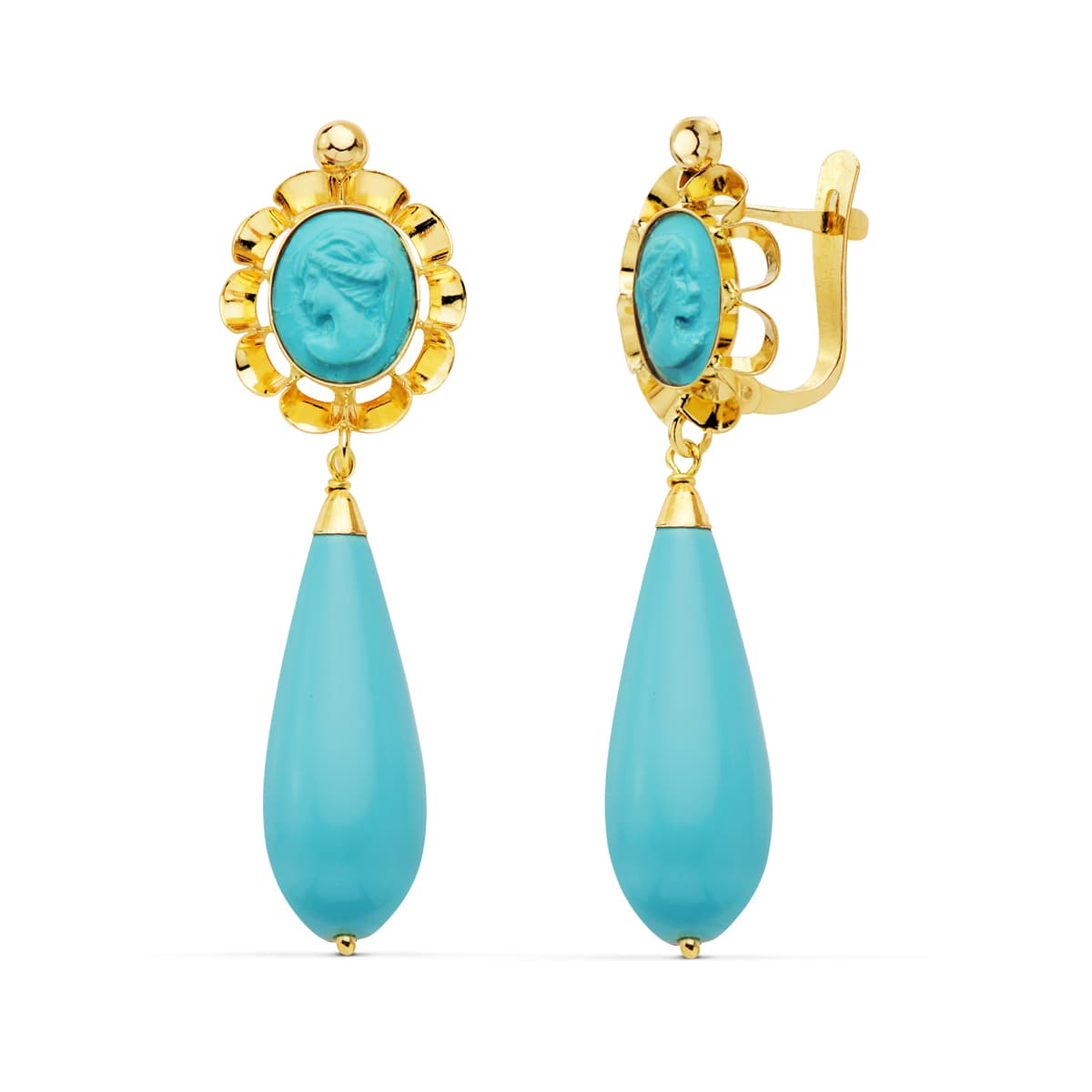 18K PENDIENTES CUBANAS ORO AMARILLO TURQUESA CAMAFEO 47X14 MM CEIRRE CATALÁN