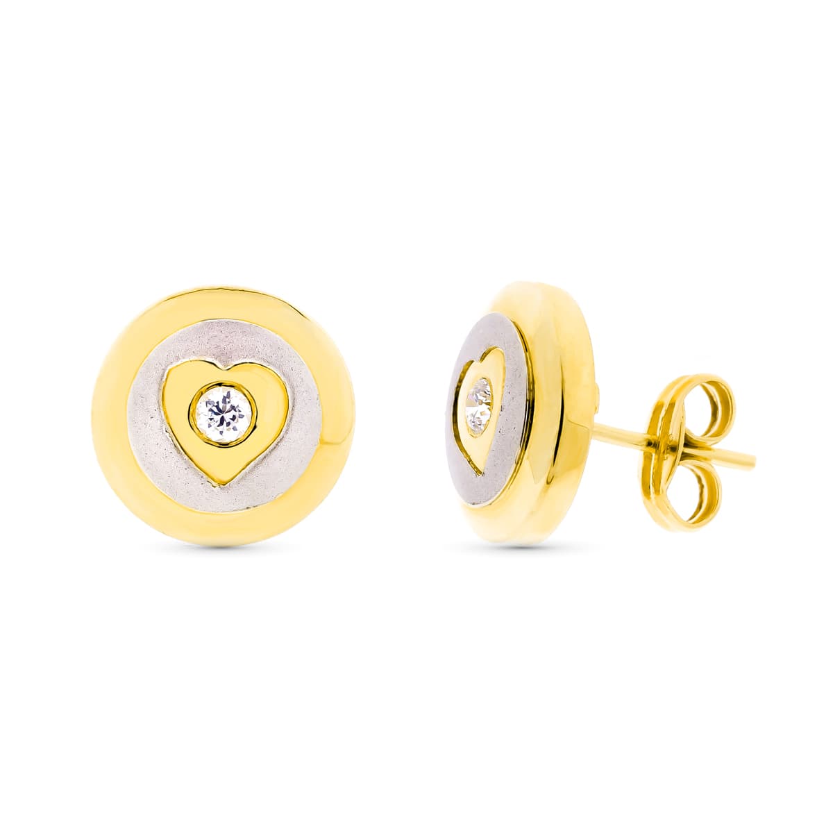 18K PENDIENTES ORO BICOLOR MATE Y BRILLO REDONDOS 11 MM CIERRE A PRESIÓN