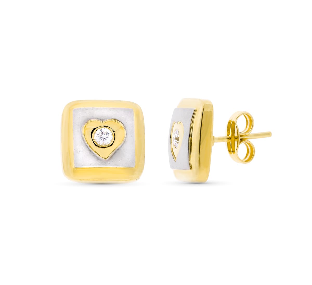 18K PENDIENTES ORO BICOLOR MATE Y BRILLO CUADRADOS BICOLOR 11X11 MM CIERRE A PRESIÓN
