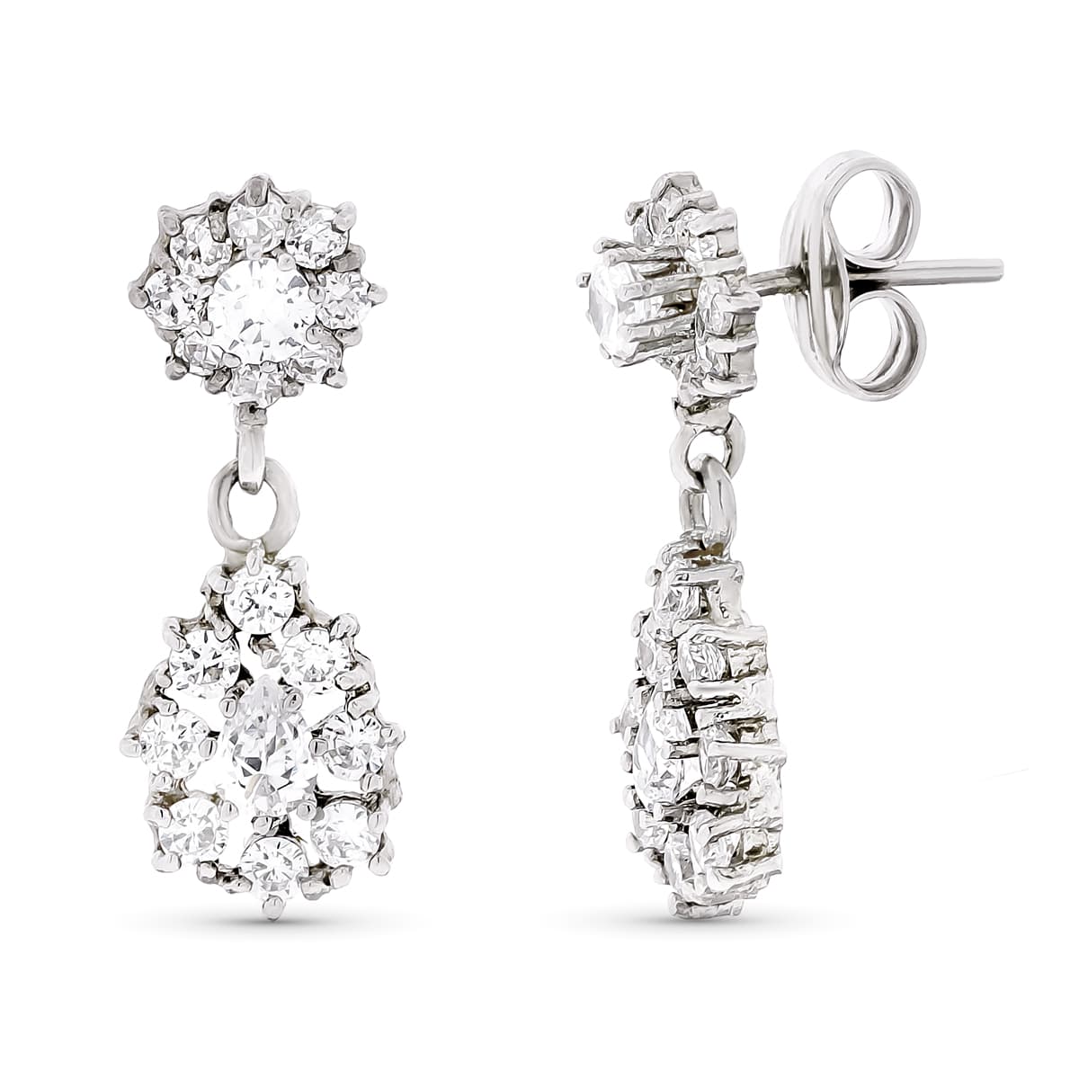 18K PENDIENTES ORO BLANCO LARGOS CIRCONITA 21X8 MM CIERRE A PRESIÓN