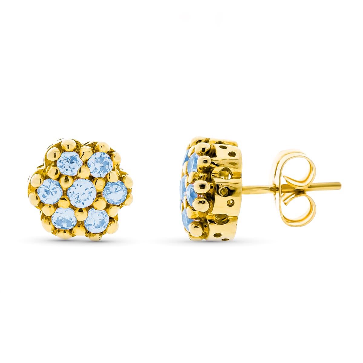 18K PENDIENTES ORO AMARILLO CIRCONITA AGUAMARINA 9 MM CIERRE A PRESIÓN