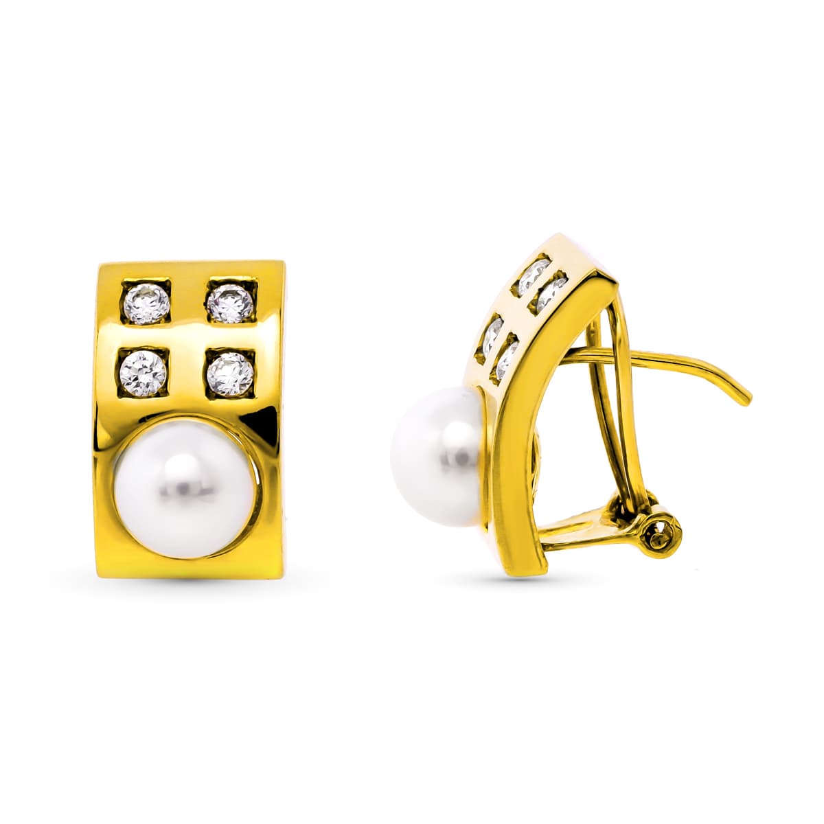 18K PENDIENTES ORO AMARILLO PERLA CULTIVADA 15X9 MM CIERRE OMEGA