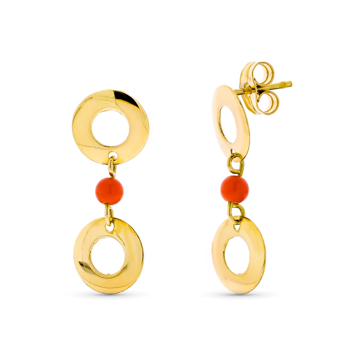 18K PENDIENTES ORO AMARILLO LARGOS DOS CIRCULOS Y CORAL CIERRE PRESIÓN