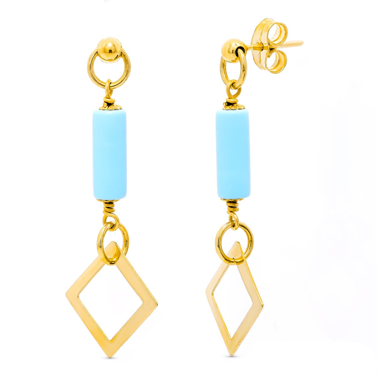 18K PENDIENTES ORO AMARILLO TURQUESA ROMBO PRESION