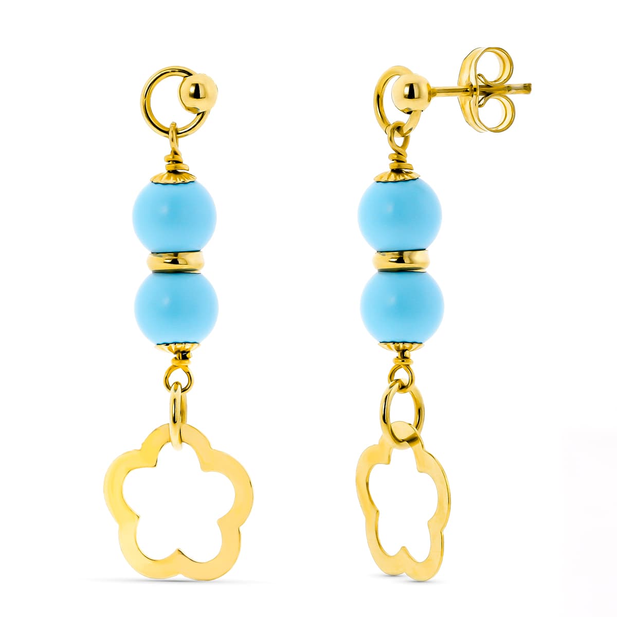 18K PENDIENTES ORO AMARILLO 2 BOLAS TURQUESA 6 MM FLOR CIERRE PRESIÓN