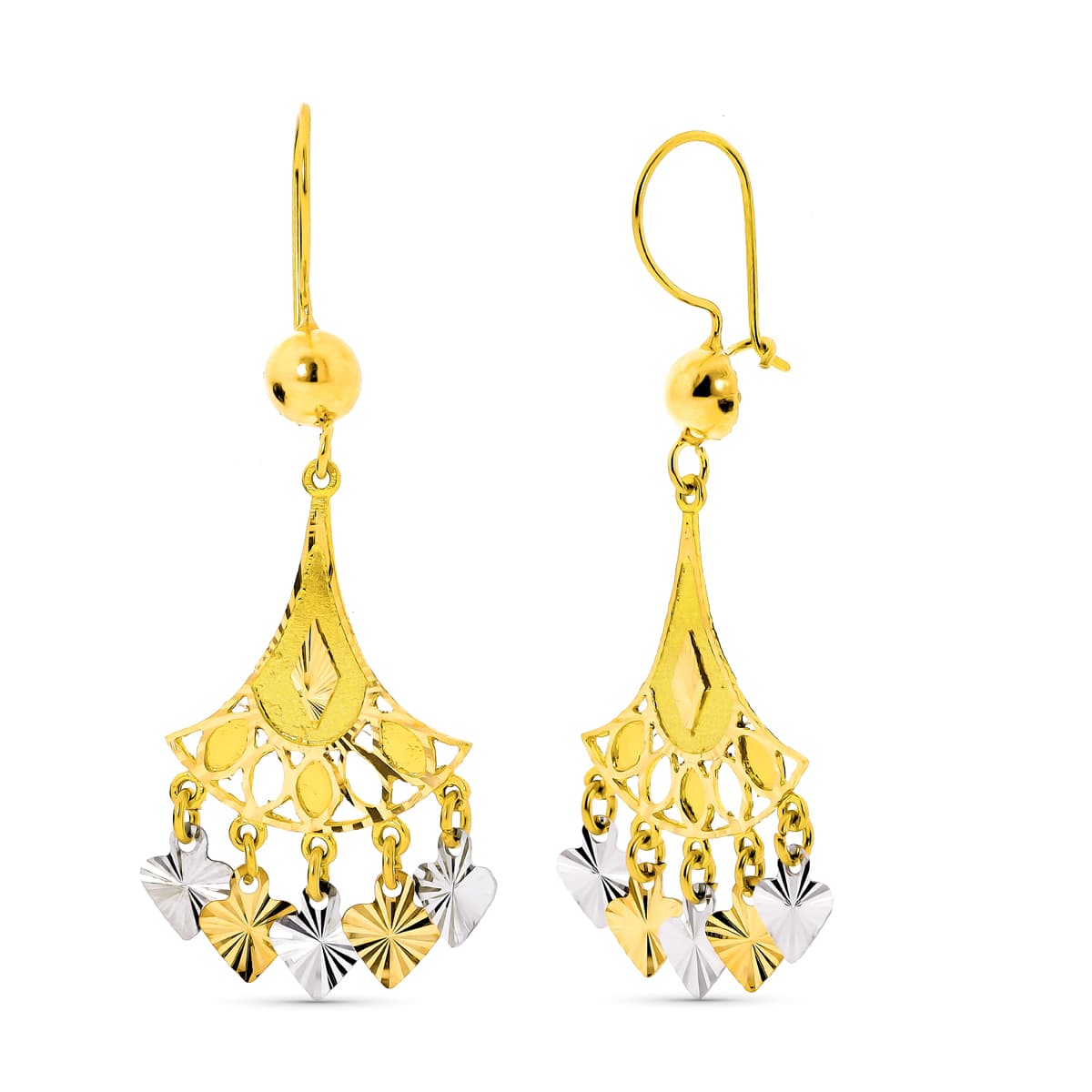 18K PENDIENTES ORO BICOLOR LARGOS. CIERRE GANCHO