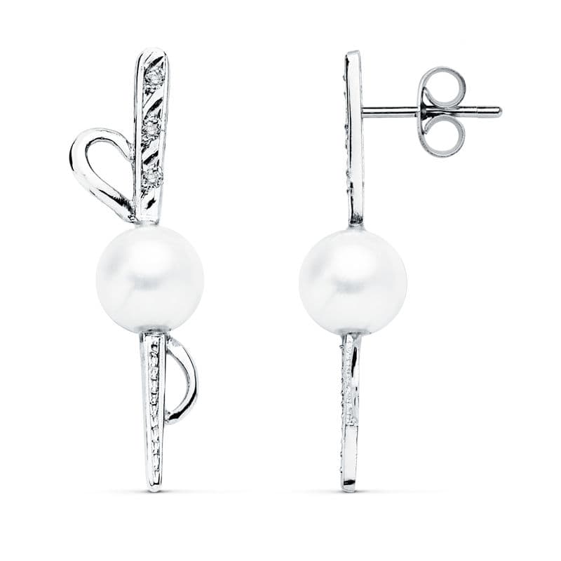 18K PENDIENTES ORO BLANCO PERLA 30X9 MM CIERRE PRESION