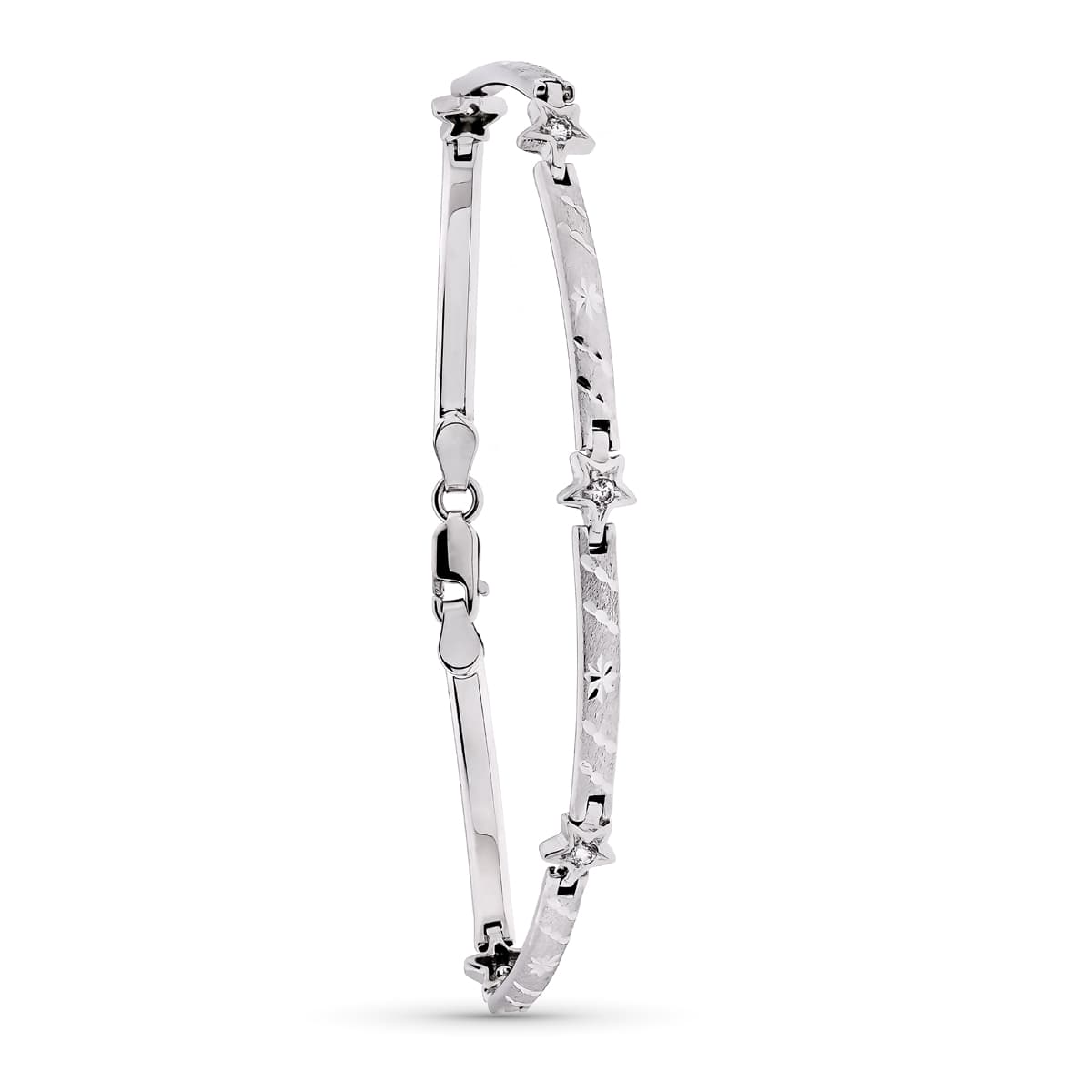 18K PULSERA ORO BLANCO MATE Y BRILLO BARRAS Y ESTRELLAS 19CM
