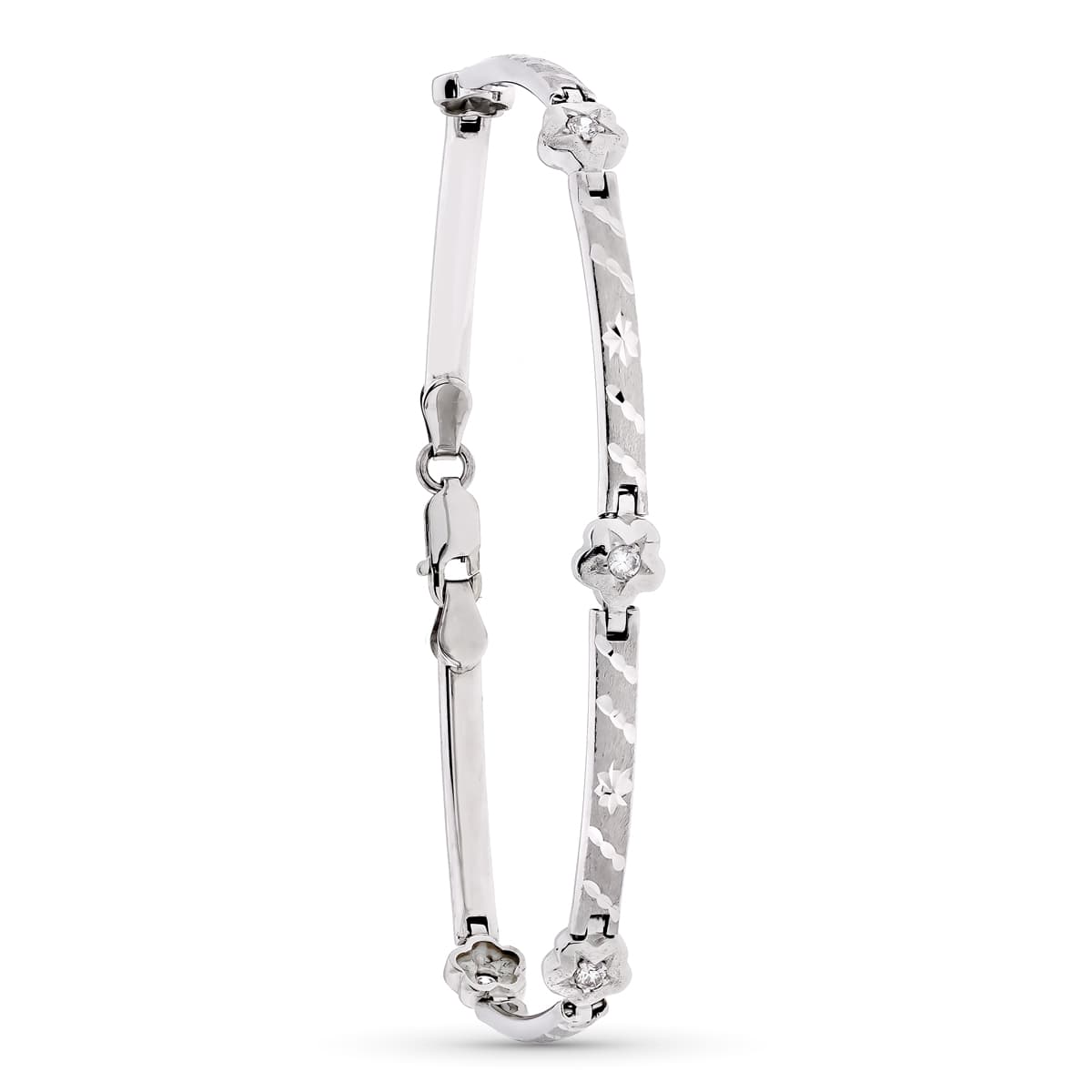 18K PULSERA ORO BLANCO MATE Y BARRAS Y FLORES 18.5 CM