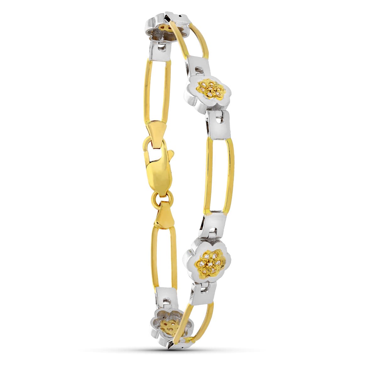 18K PULSERA ORO BICOLOR CIRCONITA FLOR Y CIRCONITAS