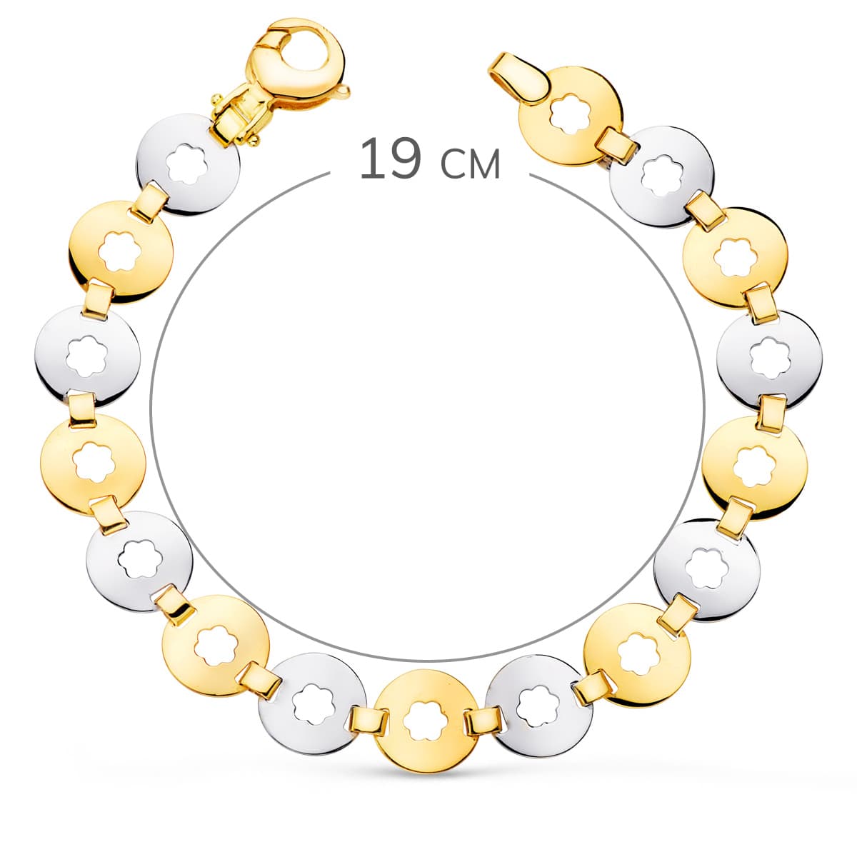 18K PULSERA ORO BICOLOR ESLABONES REDONDOS CON FLOR ANCHO 10 MM LARGO 19CM