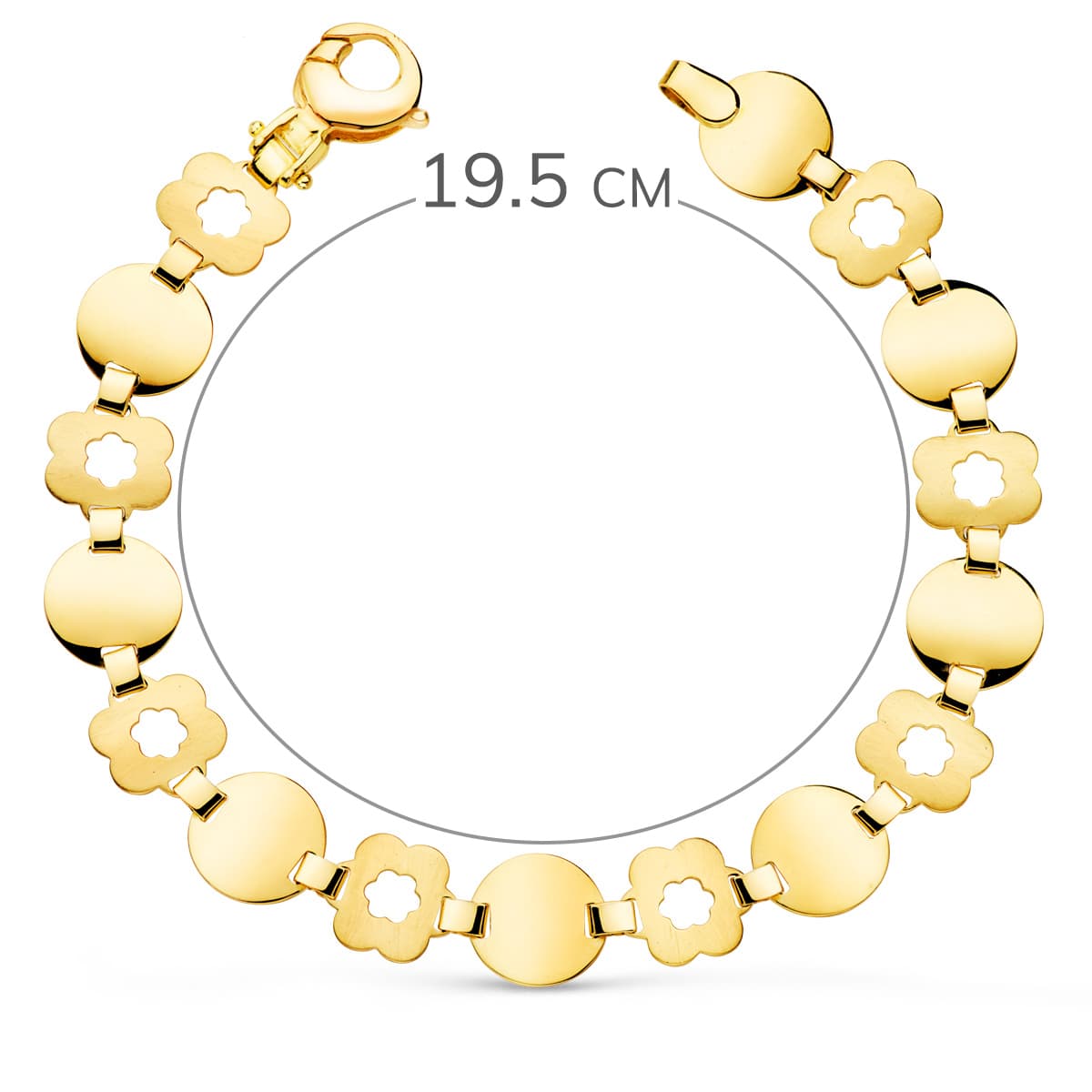 18K PULSERA ORO AMARILLO ESLABON REDONDO Y FLOR MATE ANCHO 10 MM LARGO 19.5CM