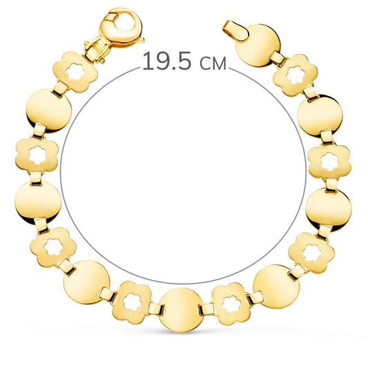 18K PULSERA ORO AMARILLO ESLABON REDONDO Y FLOR MATE ANCHO 10 MM LARGO 19.5CM