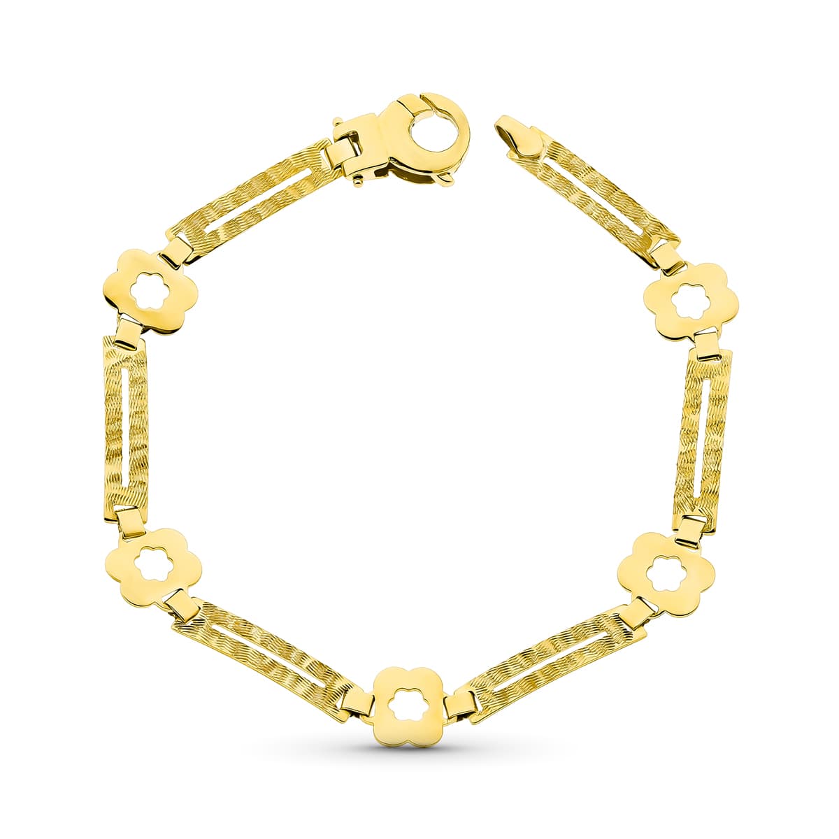 18K PULSERA ORO AMARILLO FLORES Y RECTANGULOS MATE Y BRILLO