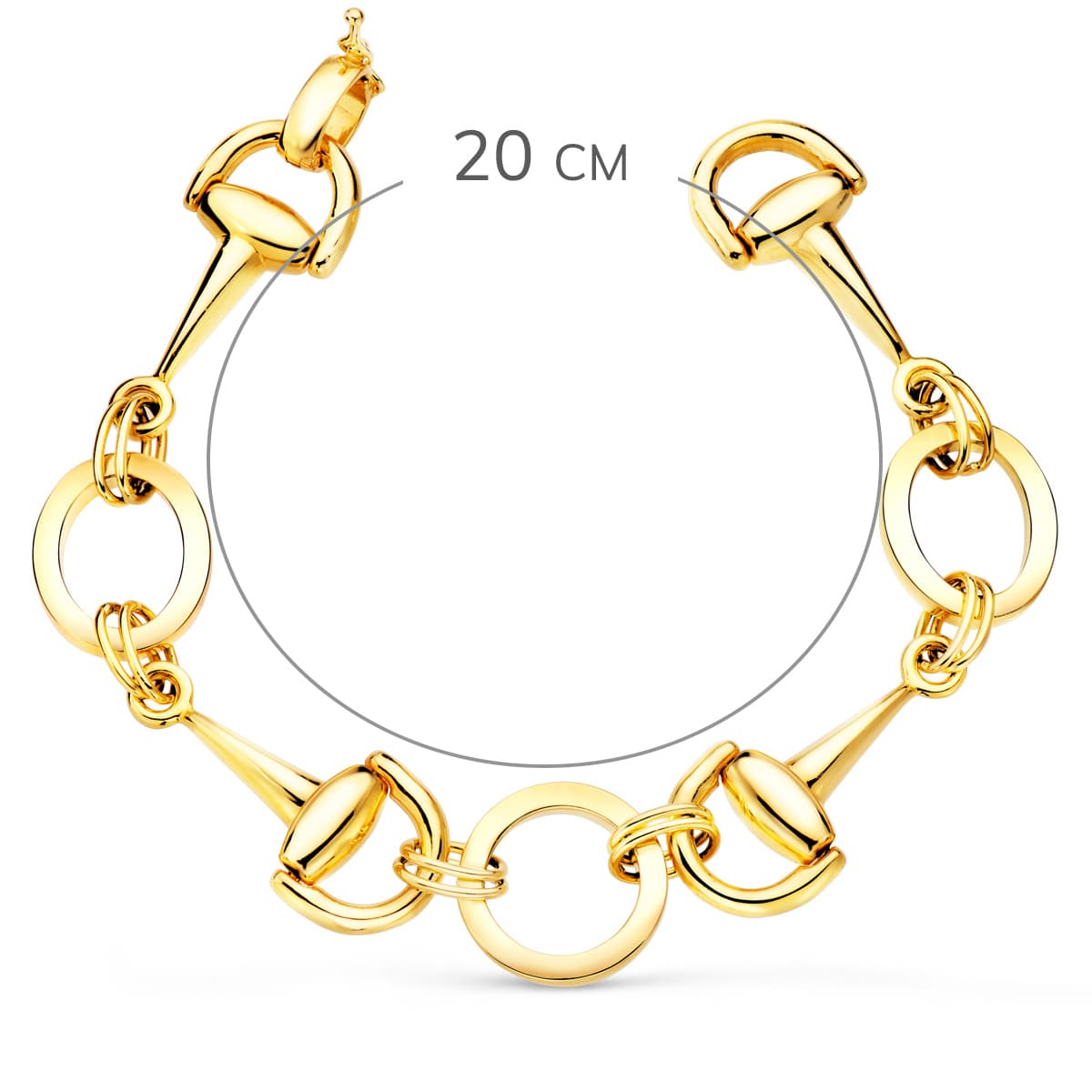 18K PULSERA ORO AMARILLO ARTICULADA CON ESTRIBOS Y CIRCULOS EN BRILLO 20CM