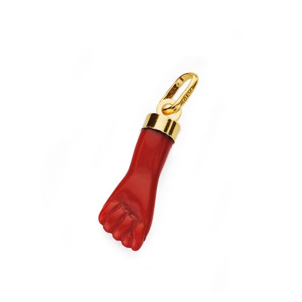 18K COLGANTE AMULETO ORO AMARILLO HIGA PUÑO MANO MEDIANA ROJA 19X6 MM