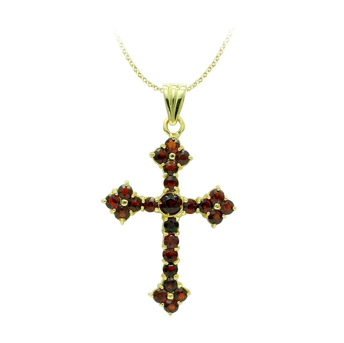 18K CRUZ ORO AMARILLO CON GRANATE 47X31 MM