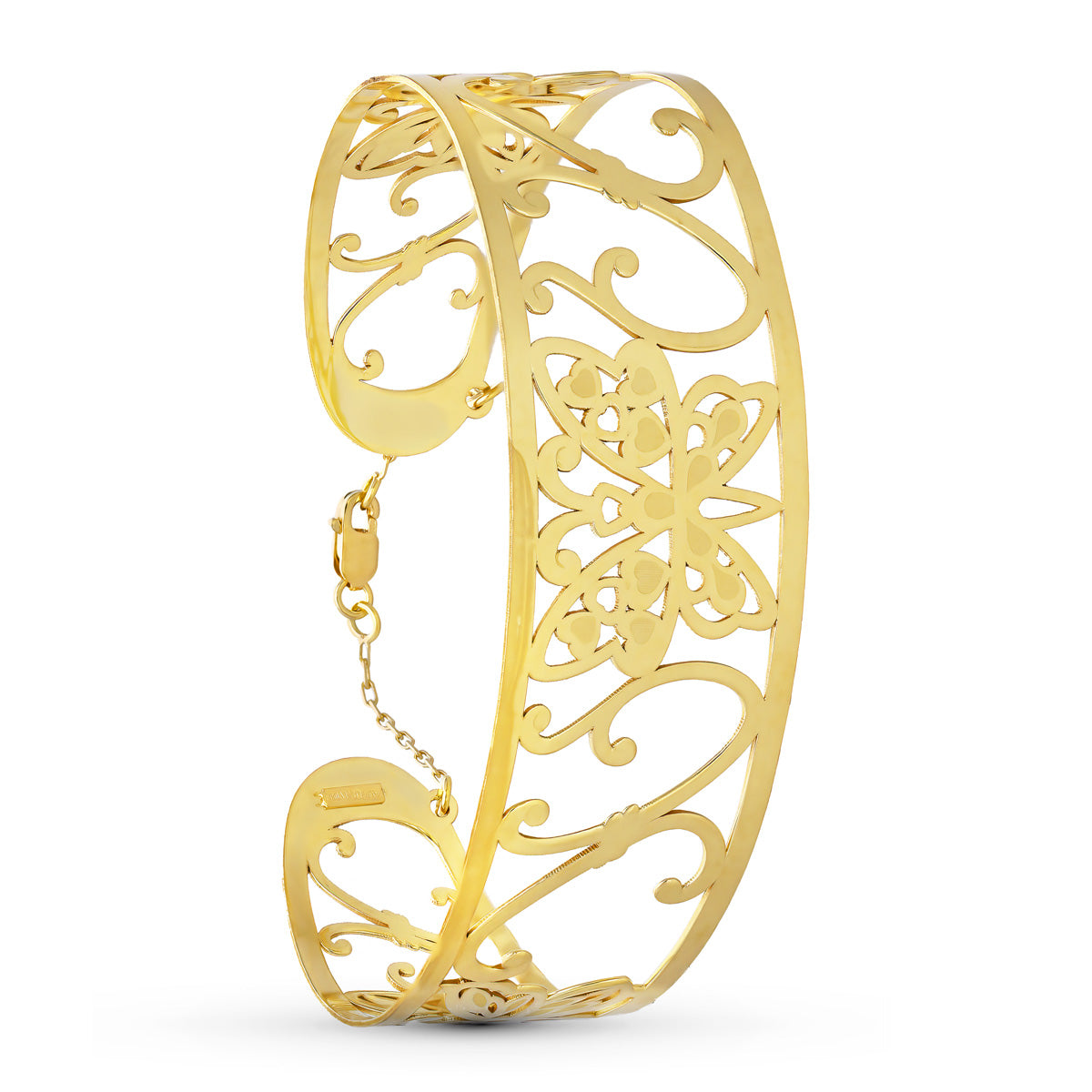 18K PULSERA ORO AMARILLO MARIPOSA MATE Y BRILLO MEDIDA INTERIOR 67X50 MM ANCHO TOTAL 23 MM CIERRE MOSQUETON CON CADENA