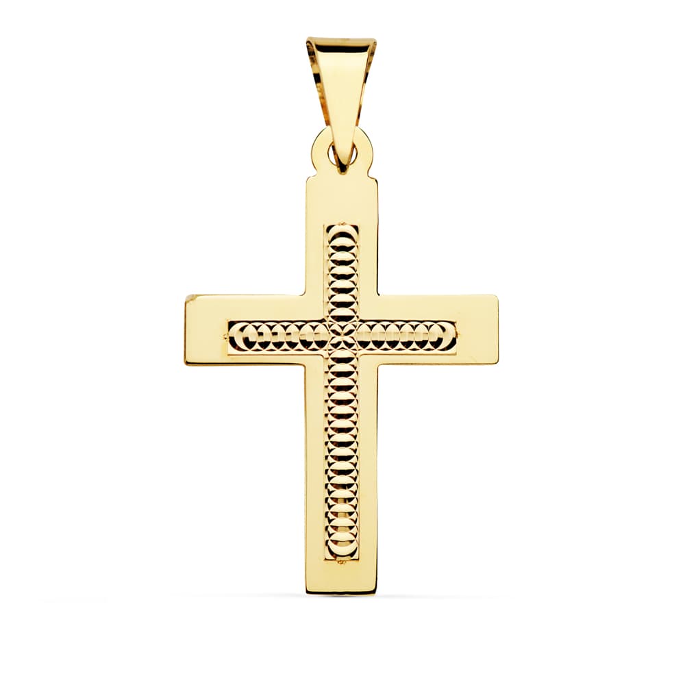 18K CRUZ ORO AMARILLO TALLADA 34X22 MM