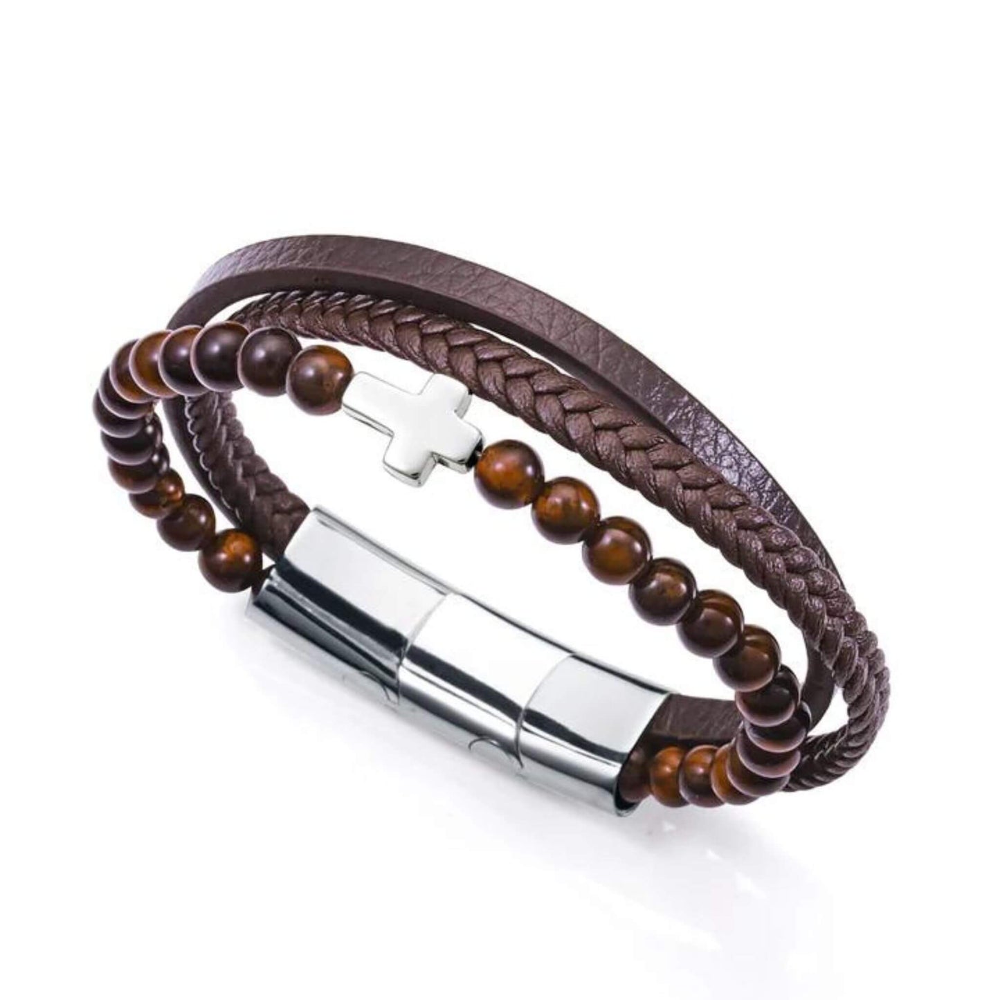 PULSERA DE PIEL MARRÓN, CON CRUZ DE ACERO Y PIEDRAS NATURALES DE OJO DE TIGRE, DE HOMBRE