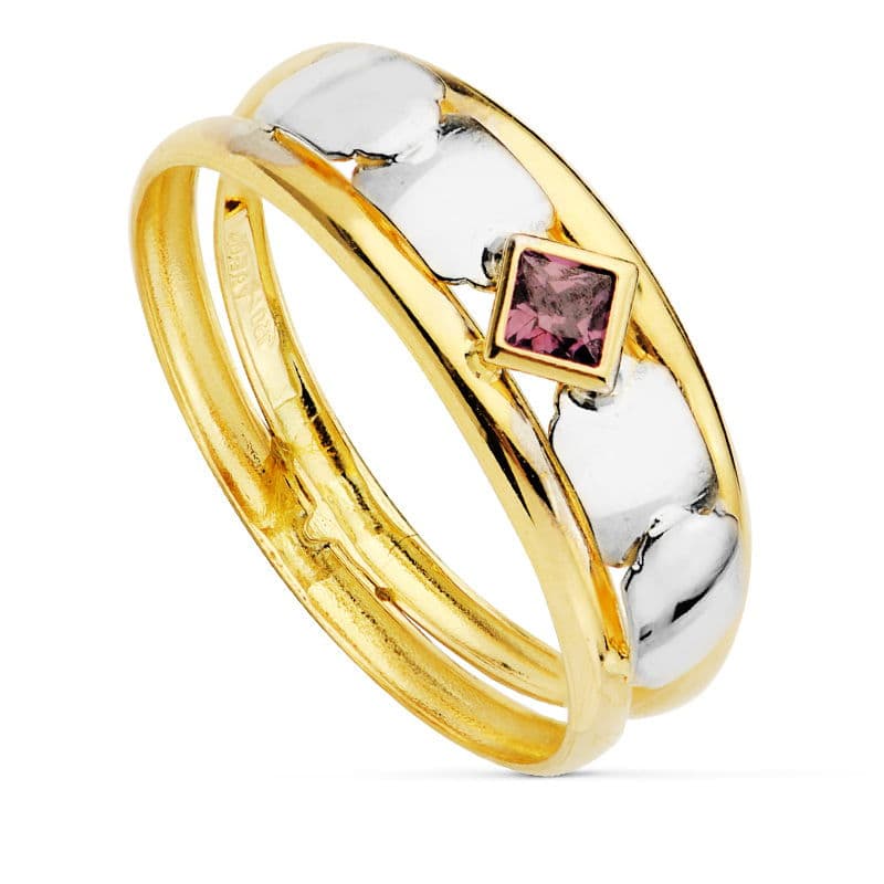 18K SORTIJA ORO BICOLOR DOBLE CUERPO CON CHAPAS Y CIRCONITA AMATISTA EN ROMBO. ANCHO: 4 MM