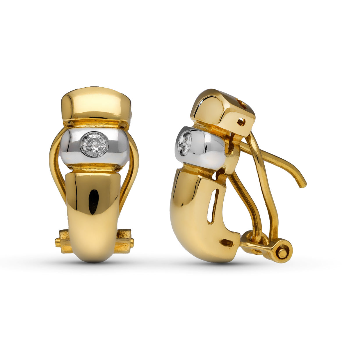 18K PENDIENTES ORO AMARILLO DIAMANTES NATURALES TALLA BRILLANTE 0,10 QTS. 14X6 MM CIERRE OMEGA