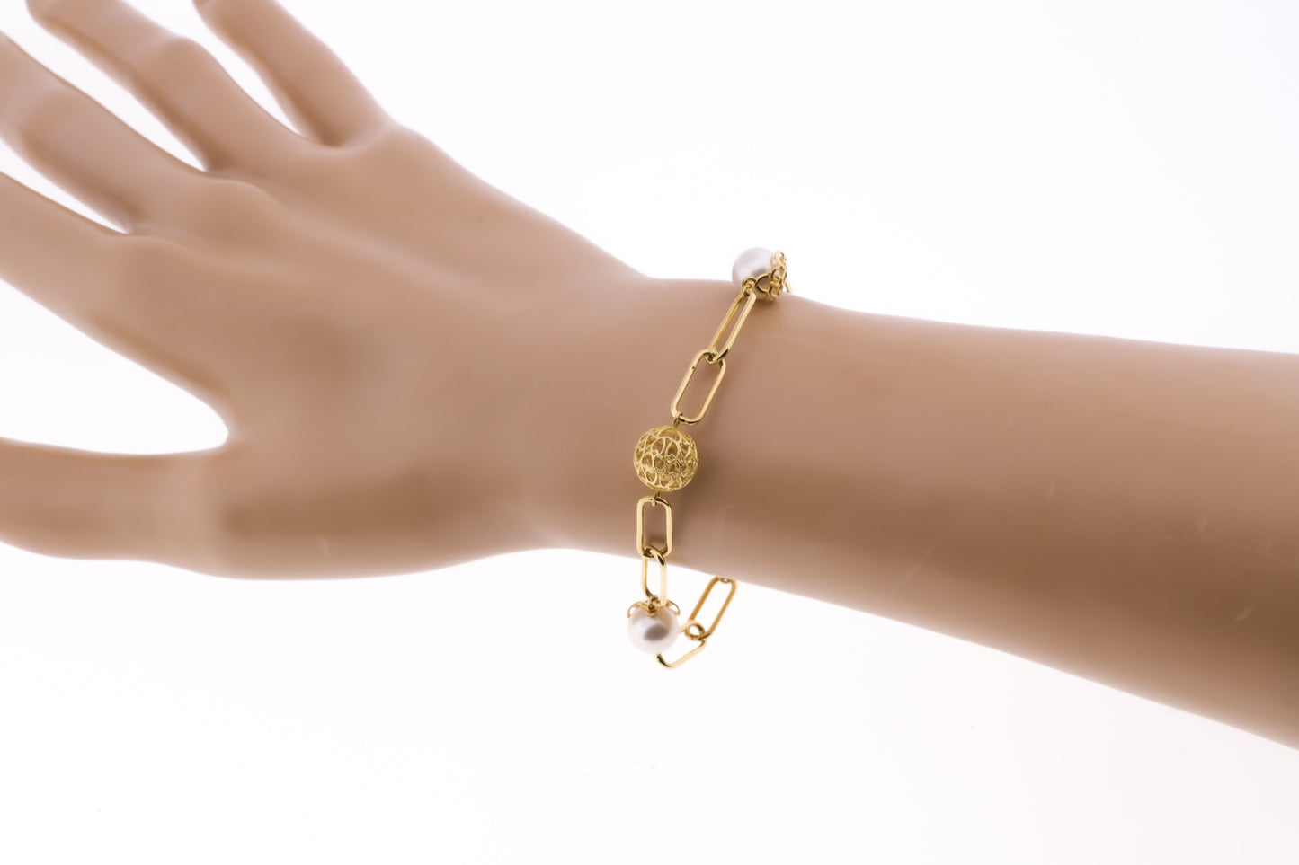 18K PULSERA ORO AMARILLO PERLA Y BOLAS CALADAS ANCHO 9 MM LARGO 19CM