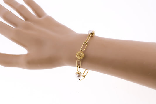 18K PULSERA ORO AMARILLO PERLA Y BOLAS CALADAS ANCHO 9 MM LARGO 19CM