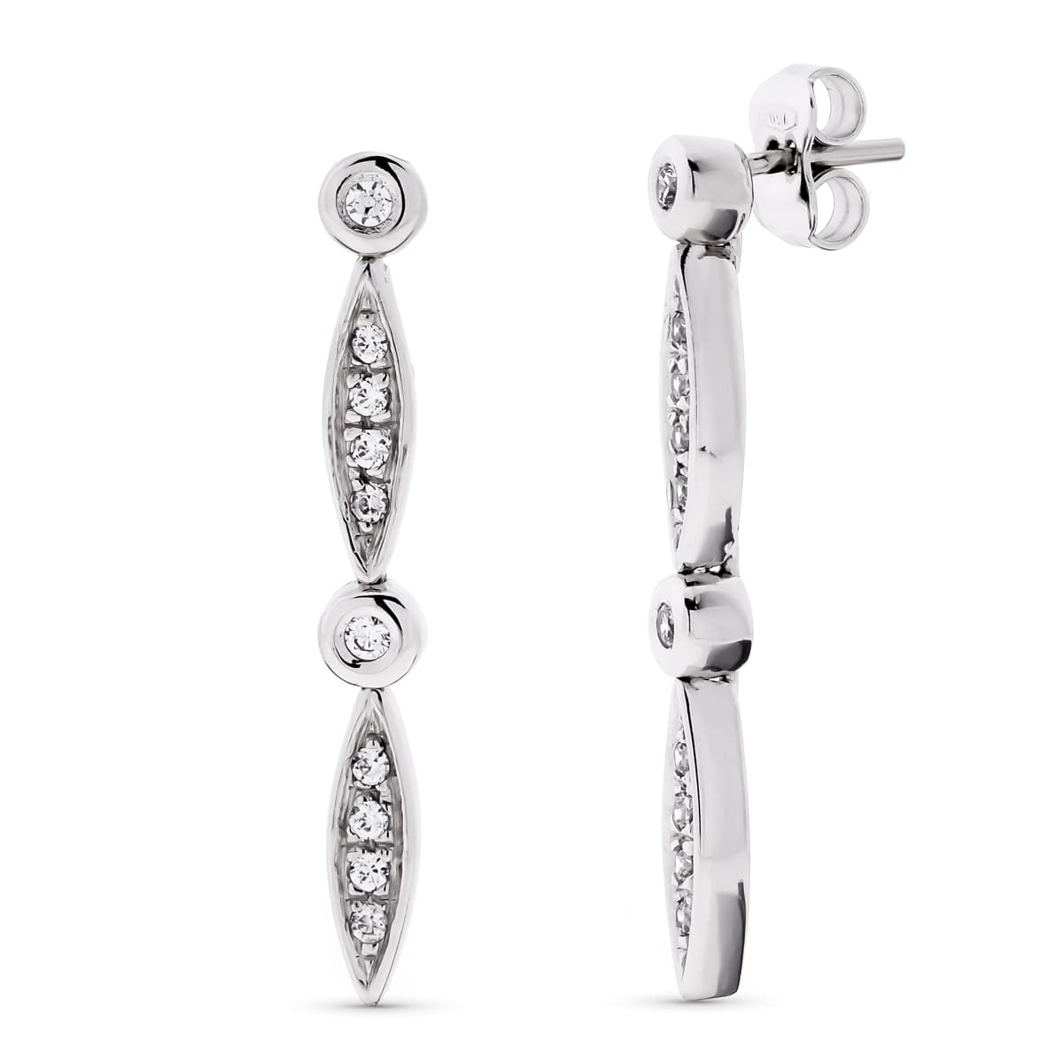 18K PENDIENTES ORO BLANCO LARGOS CIRCONITA 30X4 MM CIERRE PRESION