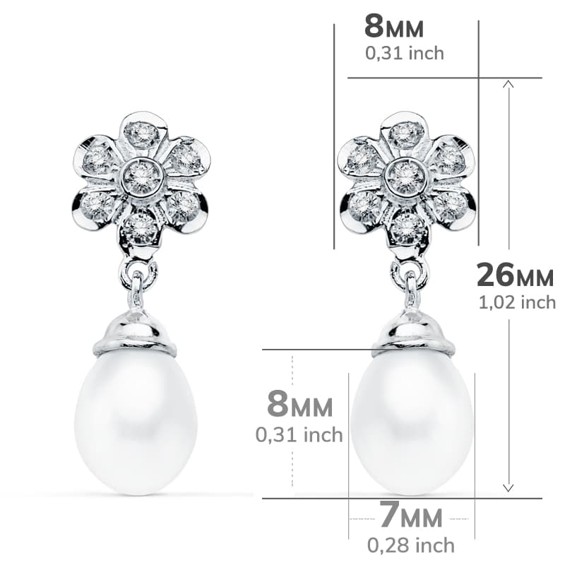 18K PENDIENTES ORO BLANCO PERLA 23X8 MM CIERRE PRESION
