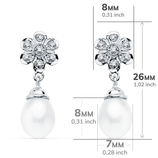 18K PENDIENTES ORO BLANCO PERLA 23X8 MM CIERRE PRESION