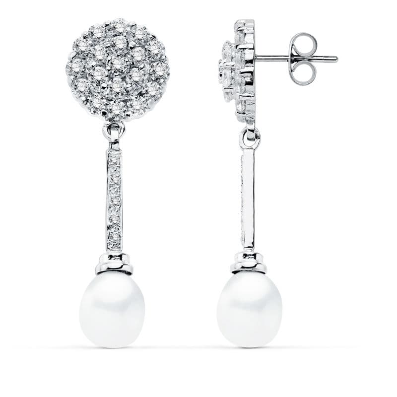 18K PENDIENTES ORO BLANCO PERLA 39X12 MM CIERRE PRESION