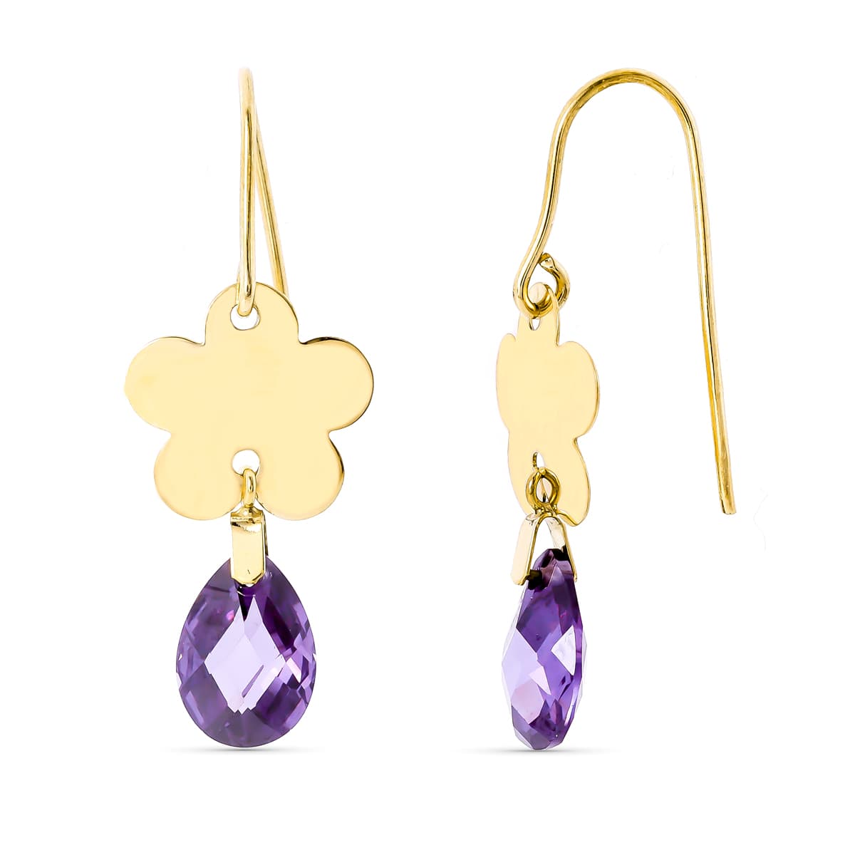 18K PENDIENTES ORO AMARILLO FLOR PIEDRA AMATISTA 10X7 MM CIERRE GANCHO