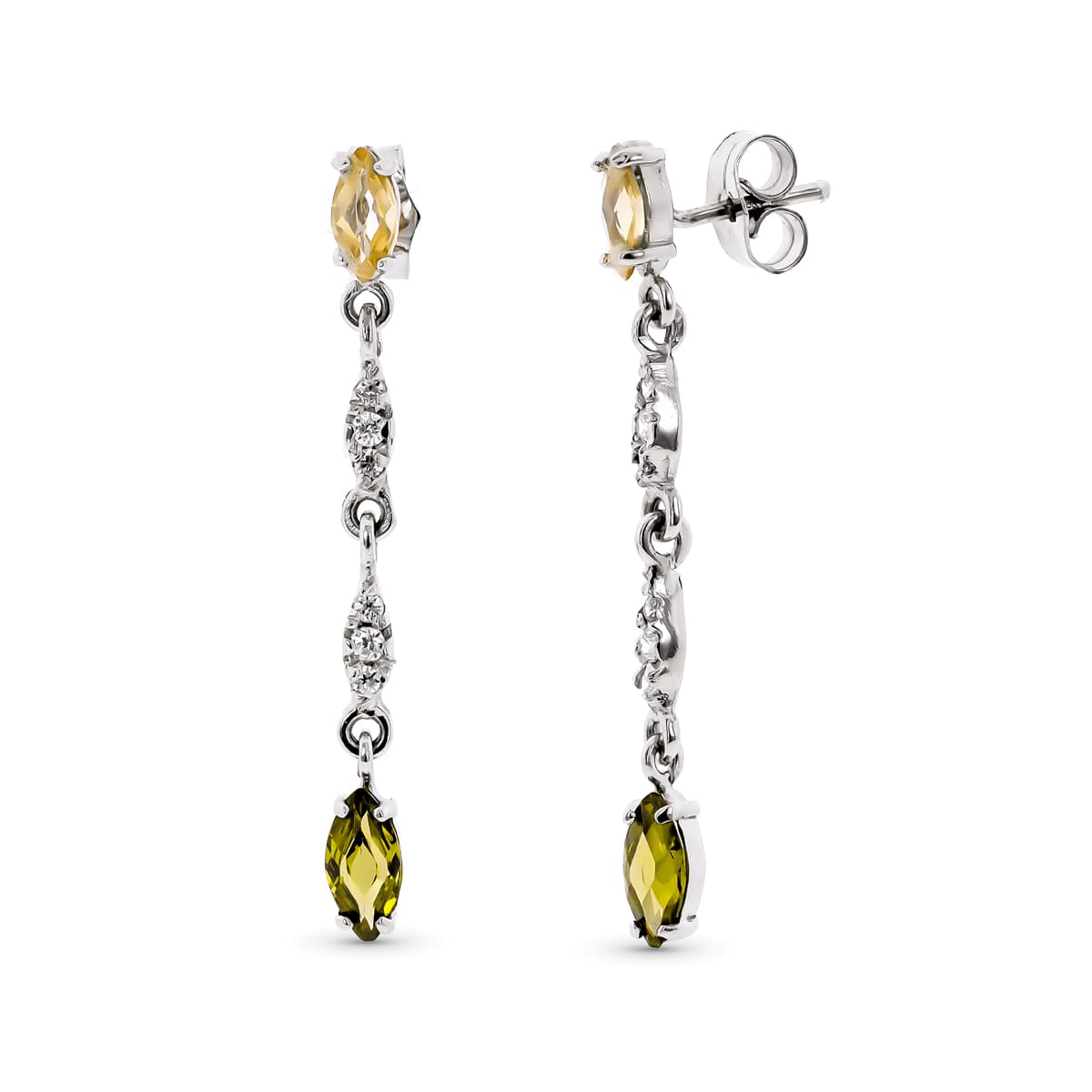 18K PENDIENTES LARGOS DE ORO BLANCO CON CIRCONITA Y PIEDRAS CIERRE PRESION