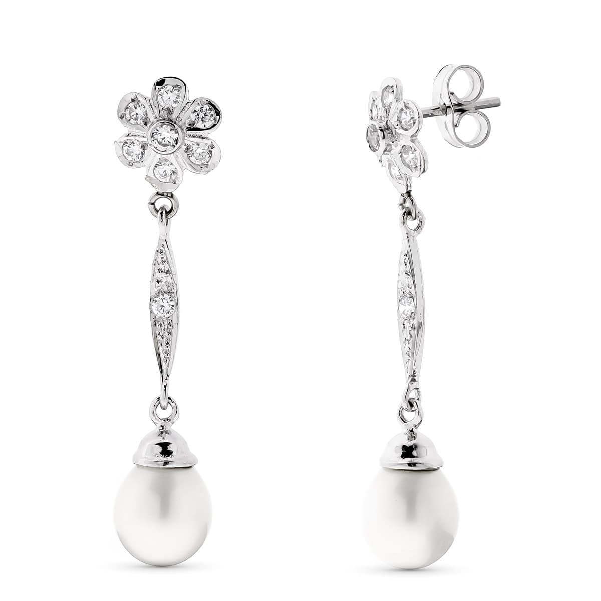 18K PENDIENTES PERLA Y FLOR ORO BLANCO CIERRE PRESION