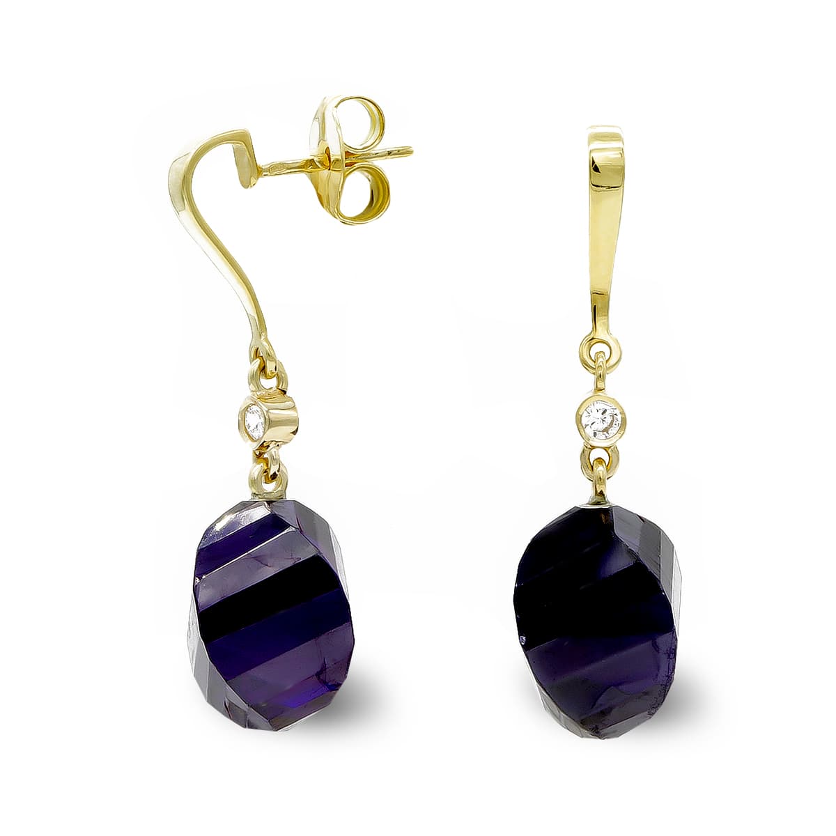 18K PENDIENTES ORO AMARILLO PIEDRA AMATISTA 14 MM CIRCONITA CIERRE PRESION