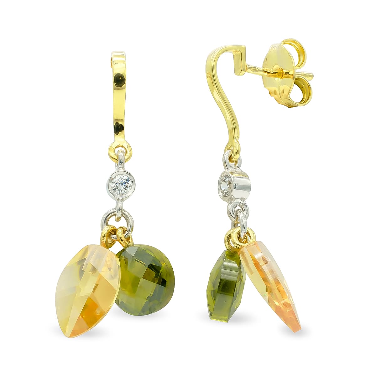 18K PENDIENTES ORO BICOLOR TOPACIO Y OLIVINA CIERRE PRESION