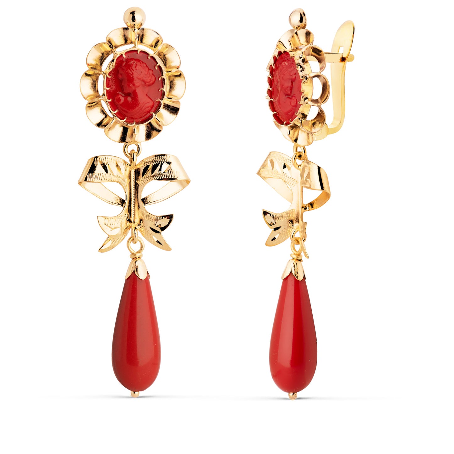 18K PENDIENTES CUBANAS ORO AMARILLO CORALINA CAMAFEO Y LAGRIMA CON LAZO. 53X14 MM. CIERRE CATALAN