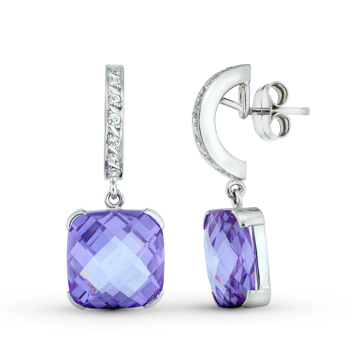 18K PENDIENTES ORO BLANCO PIEDRA COLOR AMATISTA 30X12 MM CIERRE PRESION