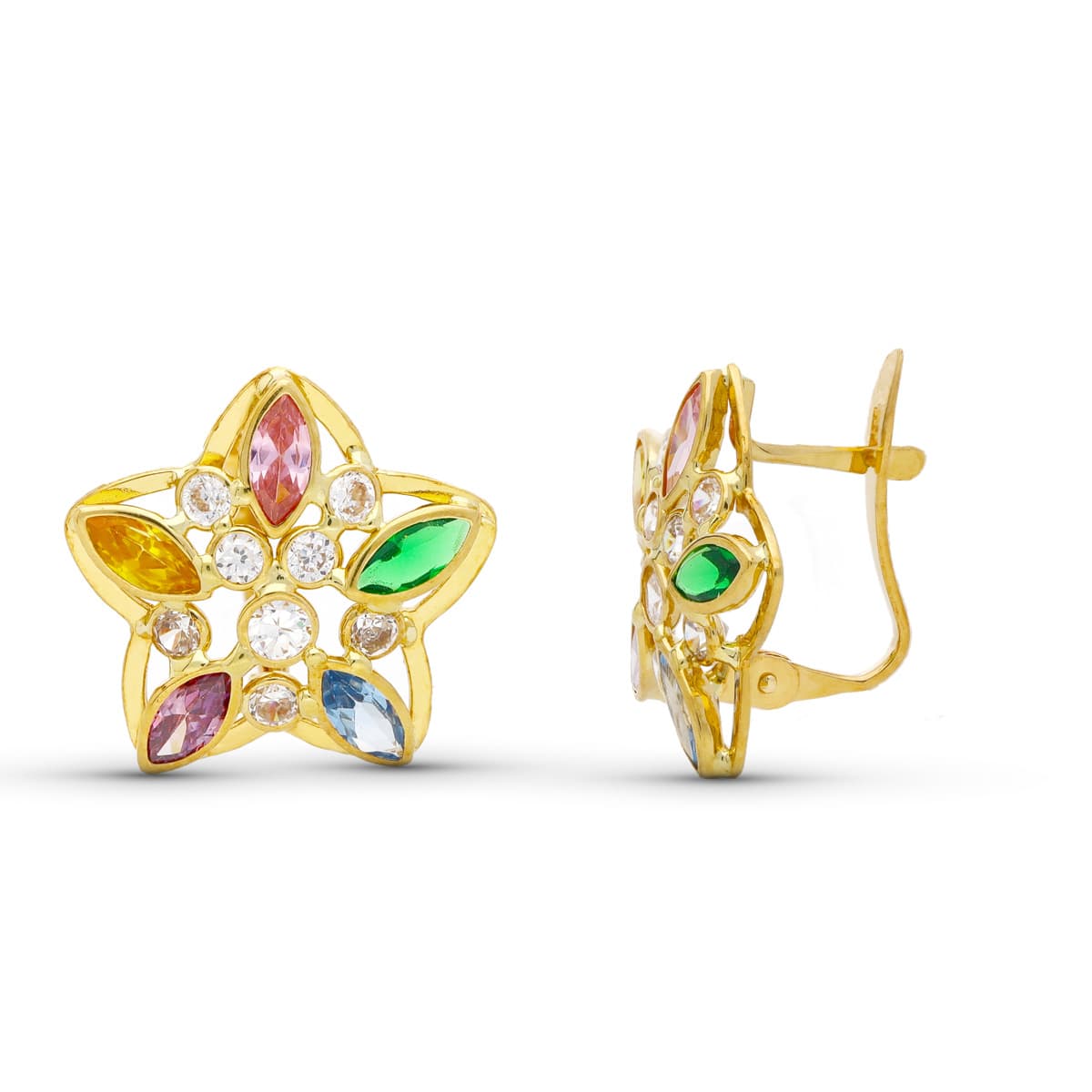 18K PENDIENTES ORO AMARILLO ESTRELLA PIEDRAS CIERRE CATALAN