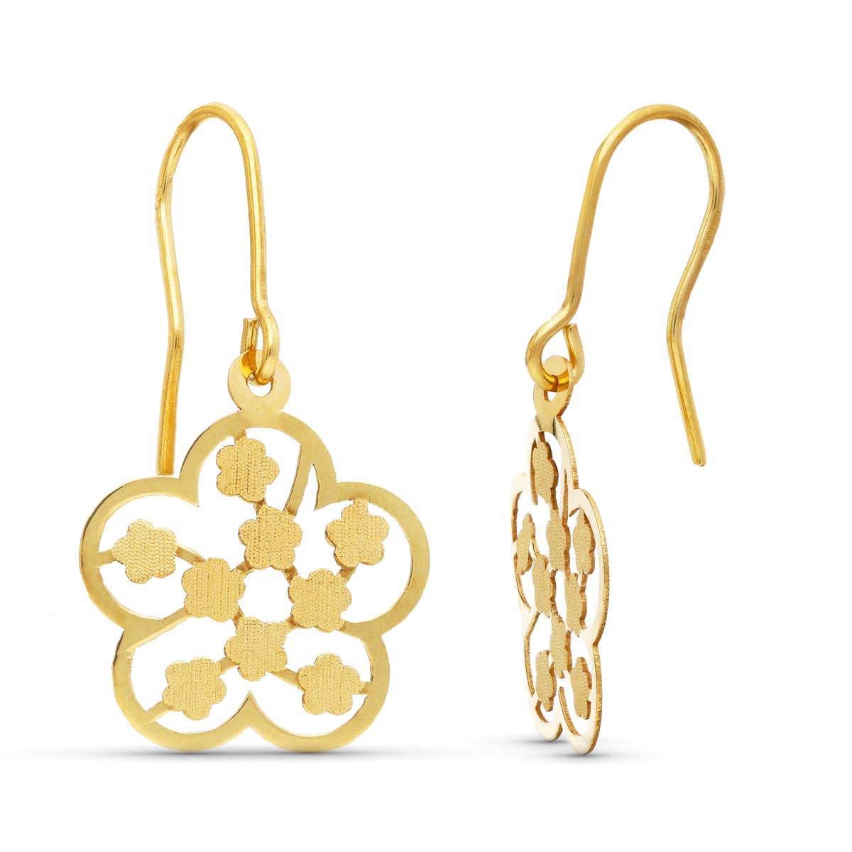 18K PENDIENTES ORO AMARILLO LASER MATE Y BRILLO FLOR CIERRE GANCHO