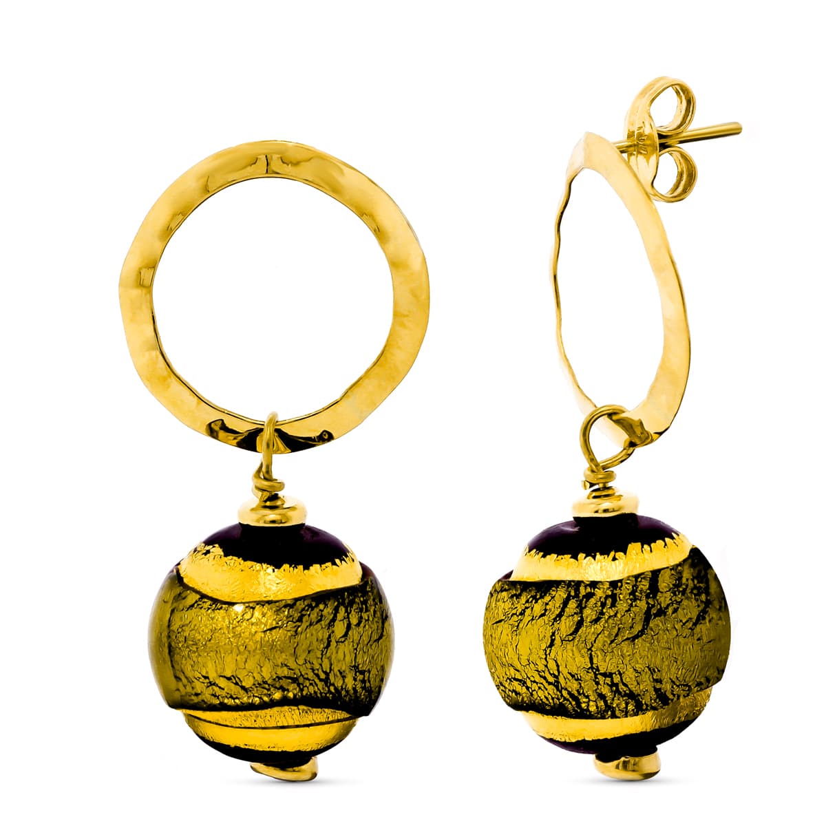 18K PENDIENTES ORO AMARILLO LARGOS MURANO 14 MM TONOS VERDES CIERRE PRESION