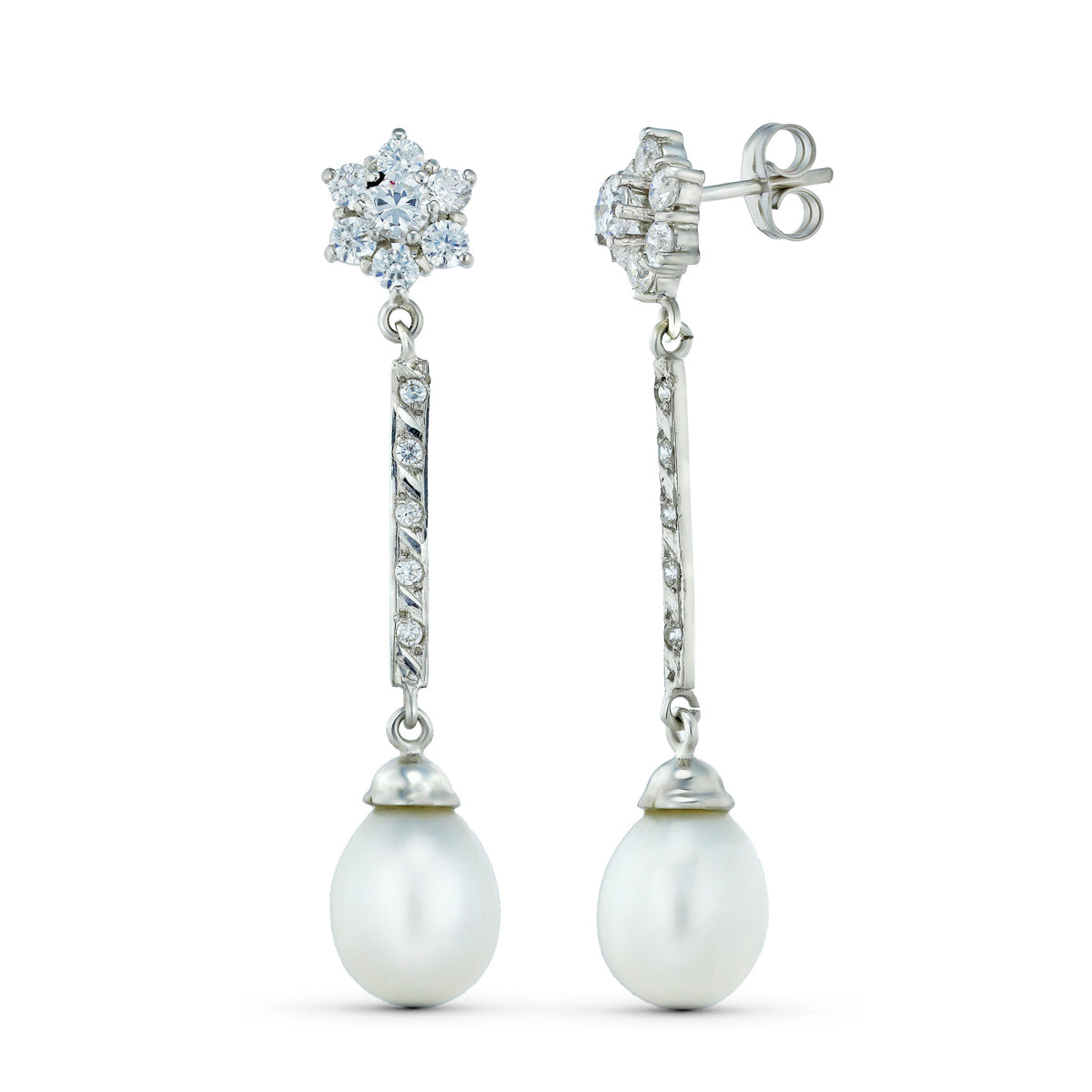 18K PENDIENTES ORO BLANCO TRES CUERPOS CUAJO Y PERLA. CIERRE PRESION